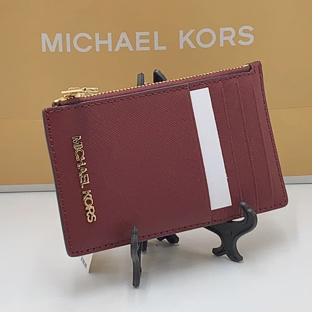 Michael Kors Jet Set Travel Medium Top Zip Card Case Wallet Dark Sherry color